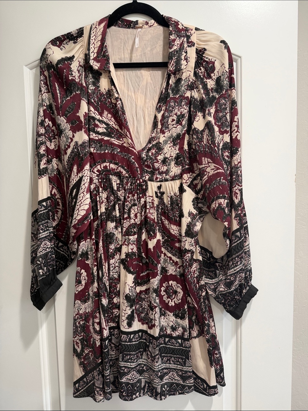 Free People Cream, Burgundy & Black Boho Floral Tunic Dress